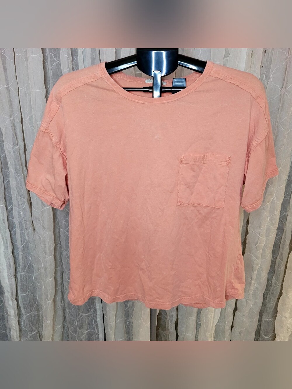 Very J Newim Mineral Wash Pocket Tee Coral Peach Pink Distressed L 100% Cotton